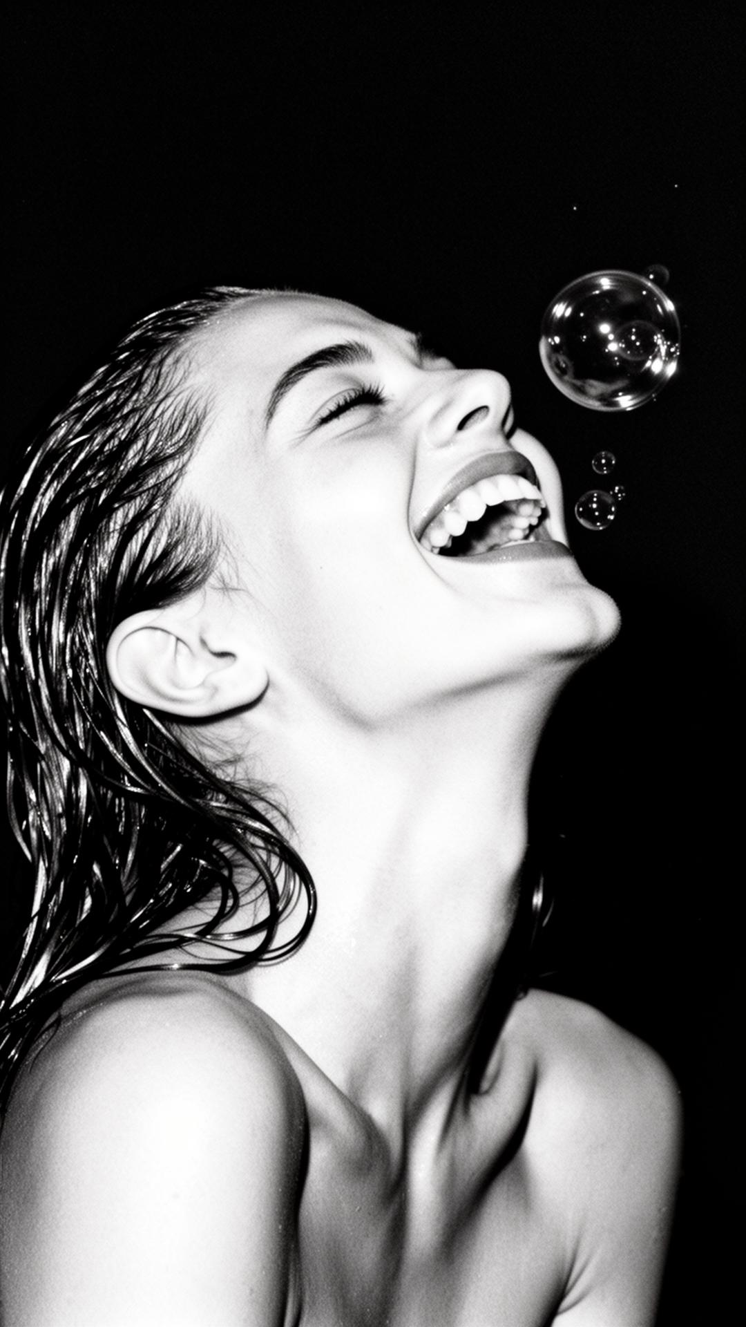 Black and white campaign portrait — model laughing with soap bubble